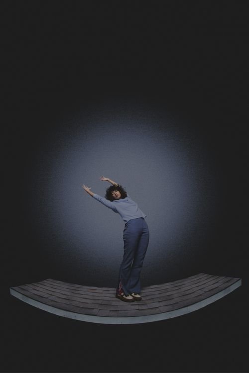 tow bird stands leaning back with her hands in the ari dramatically. a fisheye lens is used to distort the image with a curvature
