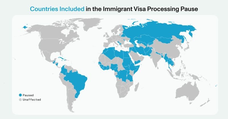 Immigration Pause: a Metaphorical Punch to the American Heart world map showing blue countries that have paused immigration