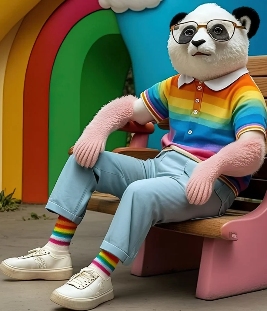From Pandas to Prison: Two Chinese Men Find Out There’s No Joke Behind Policy AI generated image of a panda in rainbow shirt sitting on a bench like a human with a rainbow doorway behind his right back side.