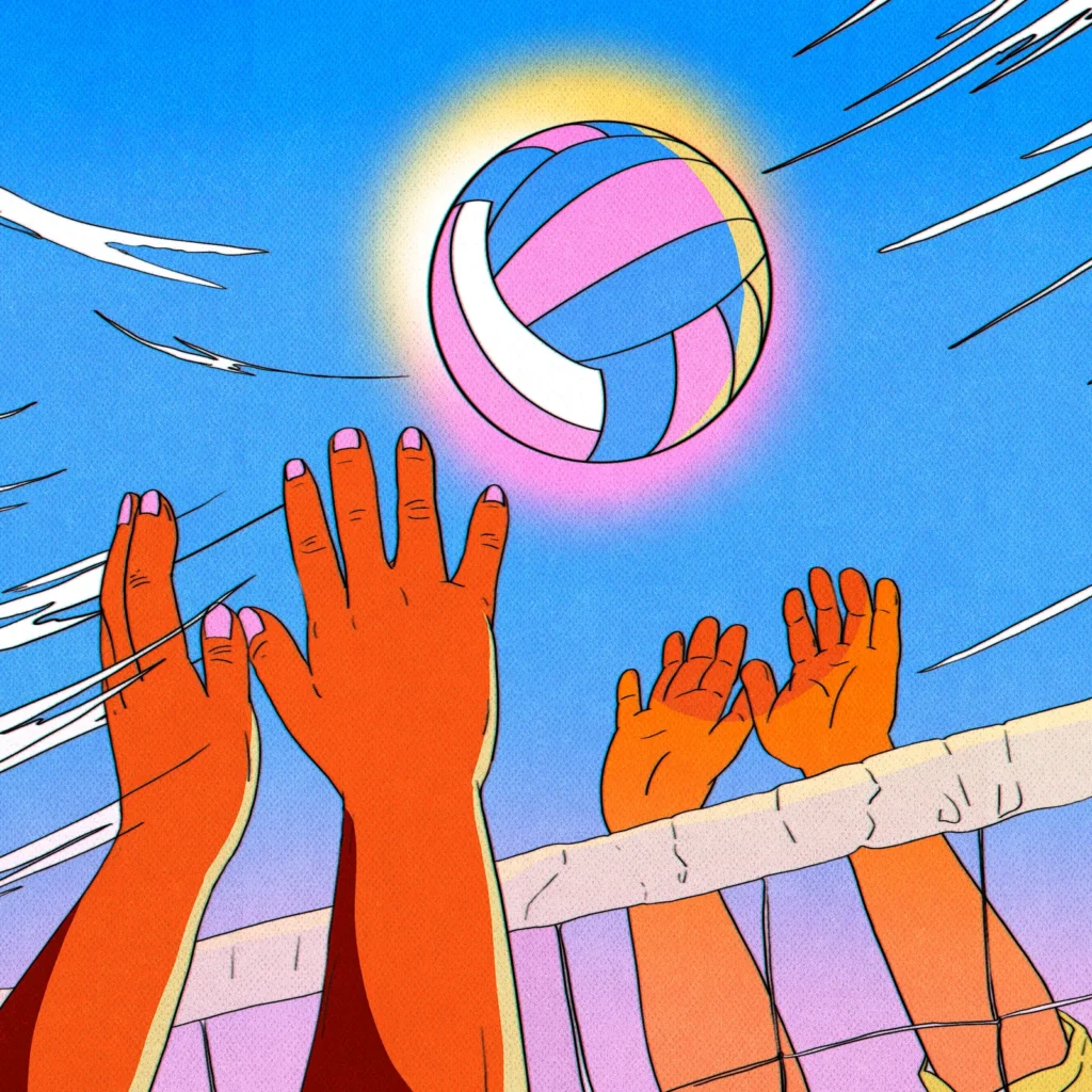 arms raised next to a volley ball net on each side bobbing a pink, blue and white volleyball above the net