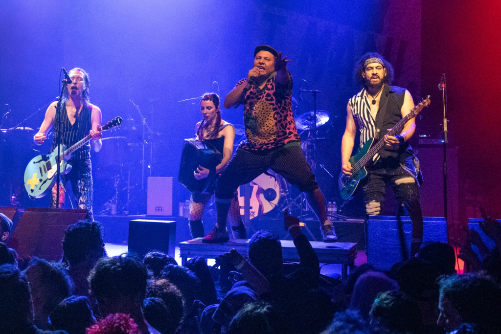 Close-up of guitar and synth players during Gogol Bordello set